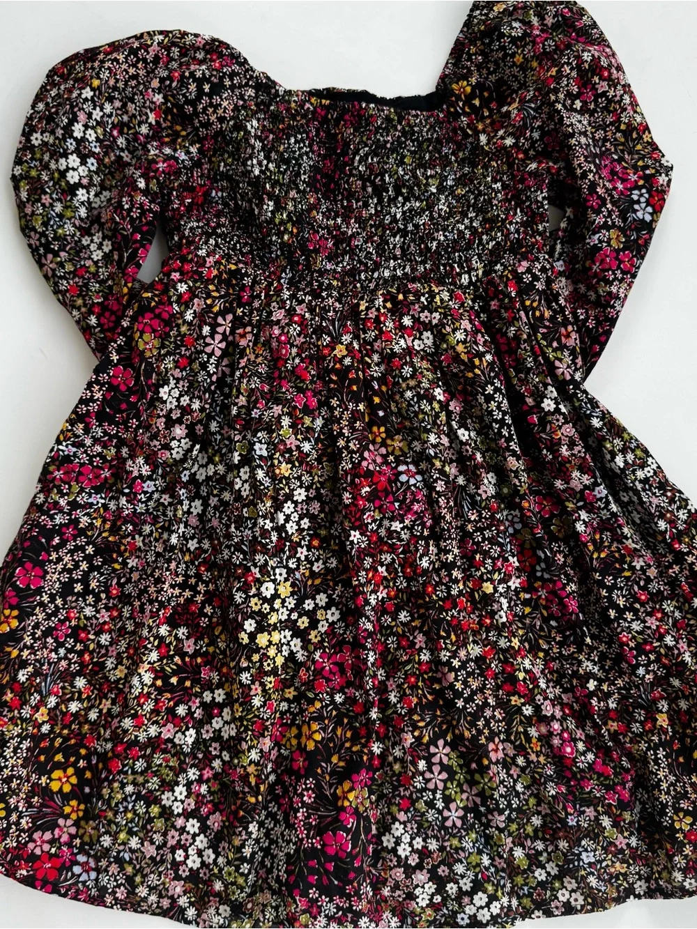 GAP Black Floral Smocked Long Sleeve Dress with Pink, Yellow & White Flowers